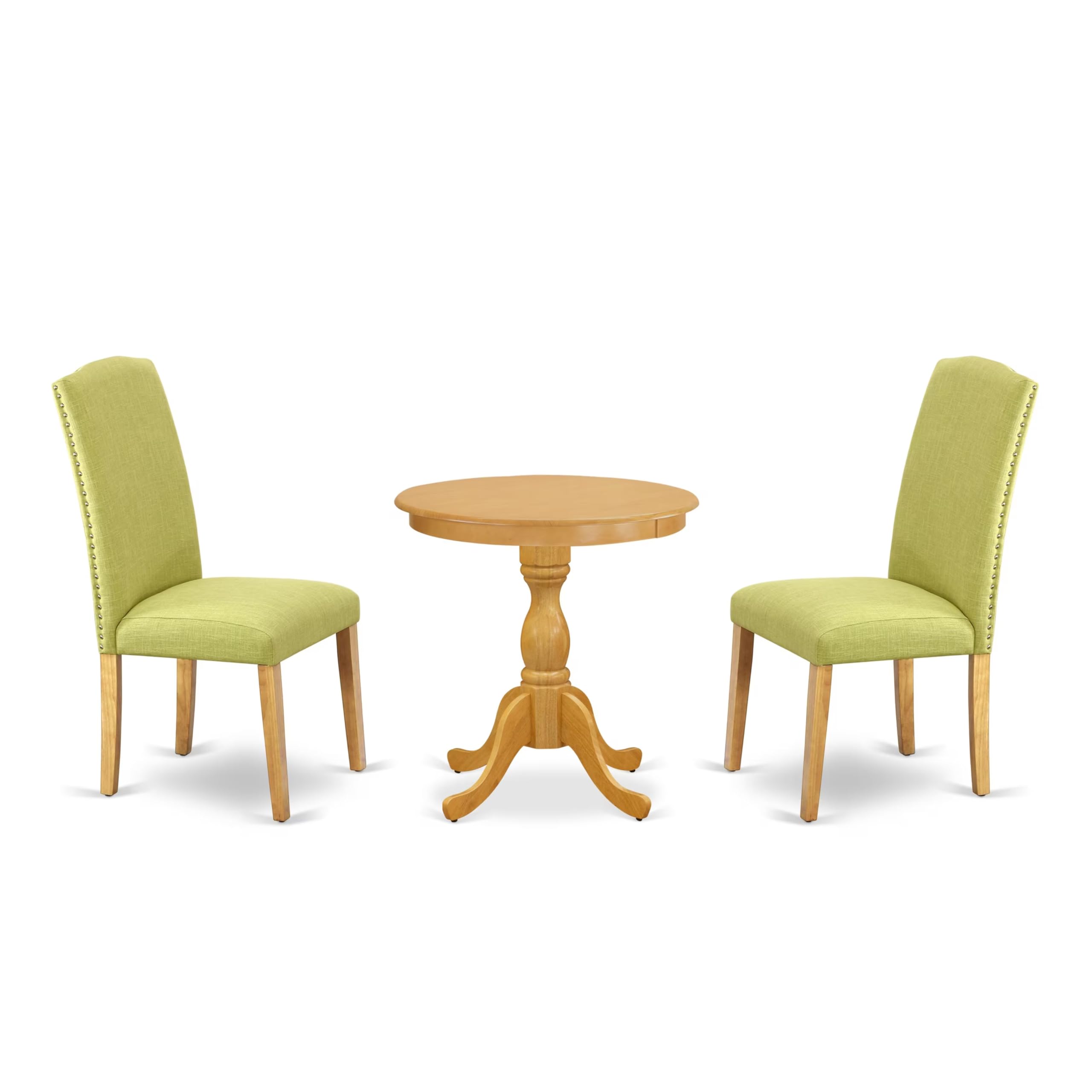 East West Furniture Esen3-Oak-07 3 Piece Dinette Set For Small Spaces Contains A Round Dining Table With Pedestal And 2 Limelight Linen Fabric Upholstered Chairs, 30X30 Inch, Oak